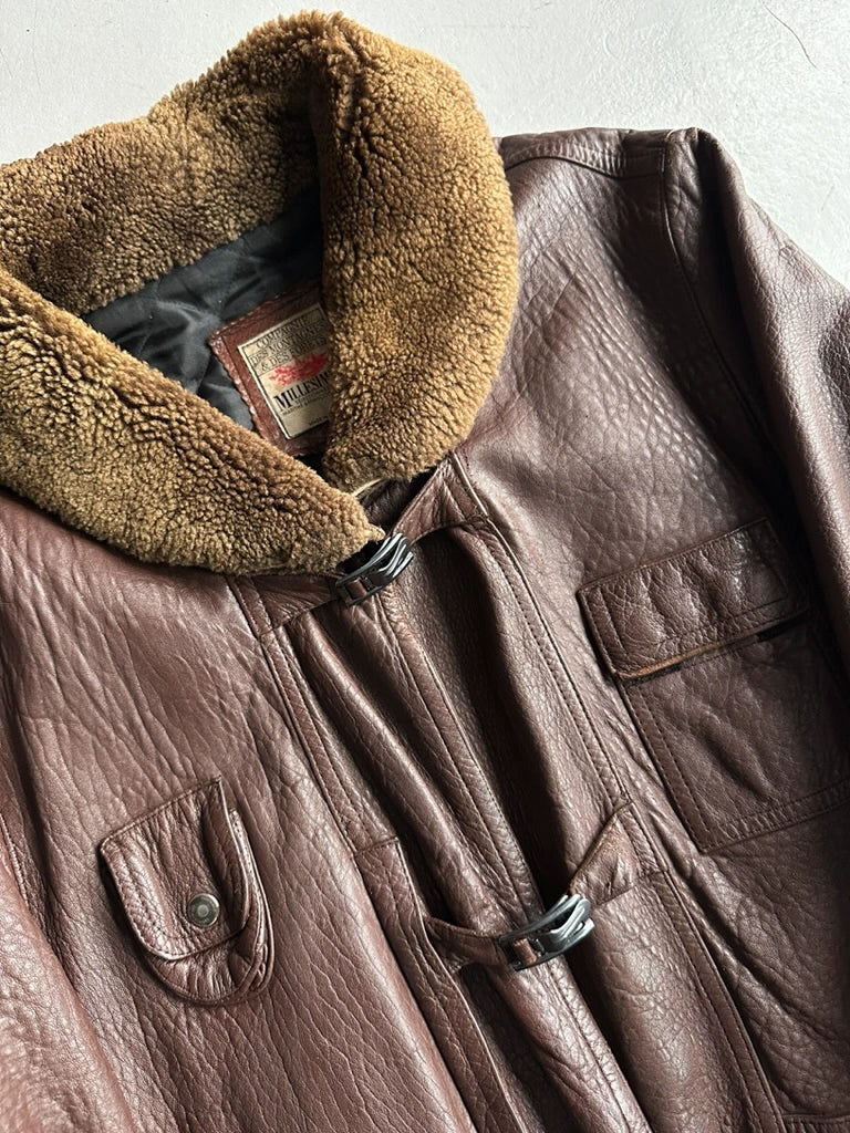 MARITHÉ + FRANÇOIS GIRBAUD X COMPAGNIE DES MONTAGNES & DES FORETS - 1980s FUR COLLAR LEATHER MIDI JACKET WITH METAL HOOKS FRONT CLOSURE