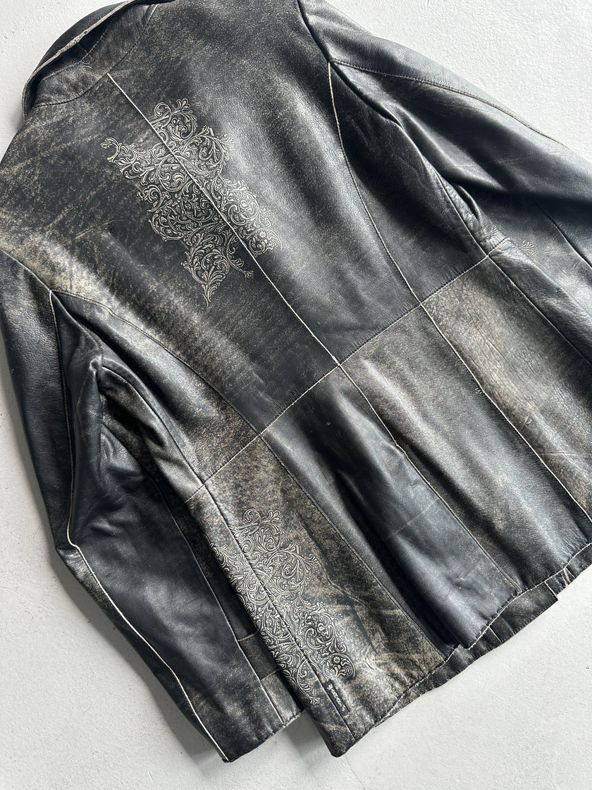 ARMANI JEANS - 1990s DISTRESSED LEATHER ORNAMENTAL PRINTS JACKET
