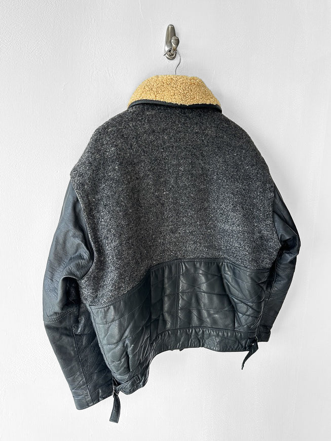 ITALIAN LABEL - 1980s PANELLED WOOL BOMBER JACKET WITH REMOVABLE SHEARLING COLLAR