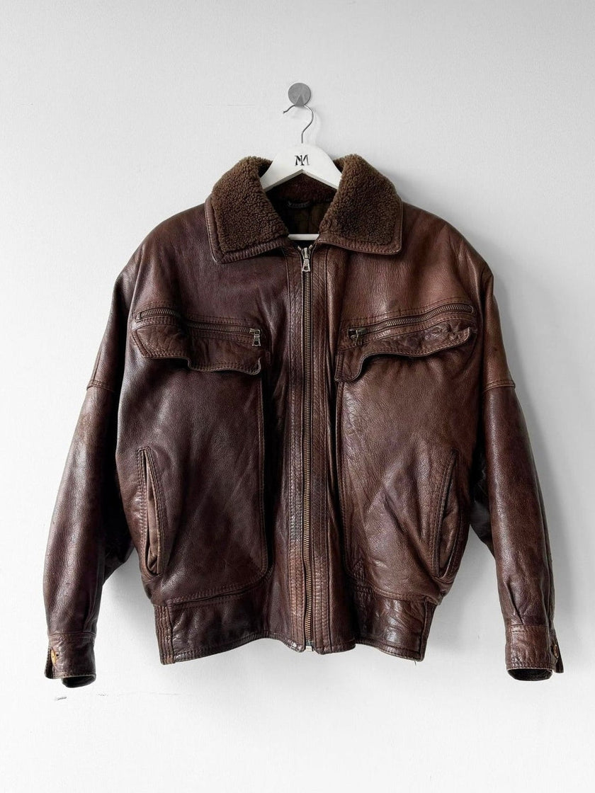 GIANNI VERSACE - 1987 LEATHER AVIATOR BOMBER JACKET WITH SHEARLING COLLAR