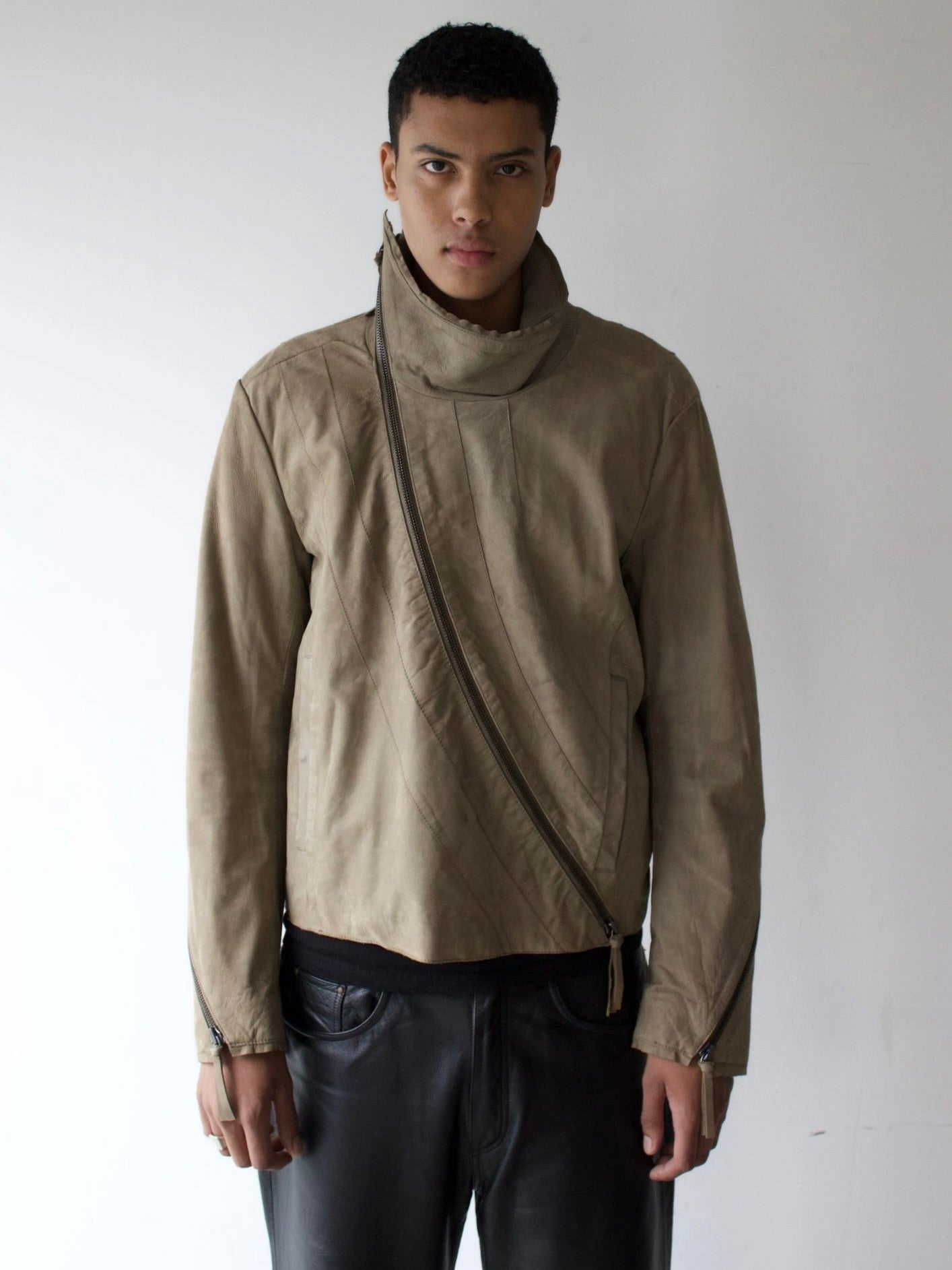 EMPORIO ARMANI - A/W 2011 ASYMMETRICAL ZIP FUNNEL NECK COLLAR CALF LEATHER JACKET