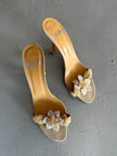 MOSCHINO - 1990s SUEDE SLIP ON HEELS WITH BEADED FLORAL APPLIQUÉ