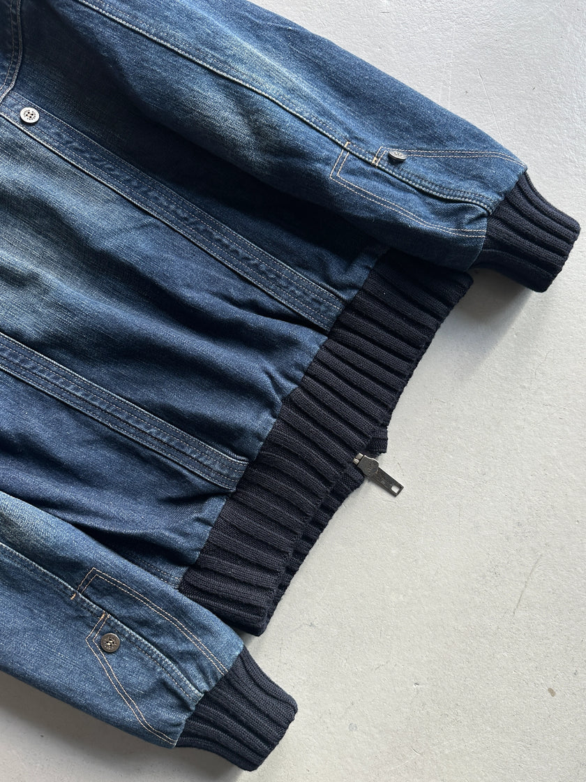 BURBERRY - 2000s DENIM BOMBER JACKET WITH KNITTED DETAILS