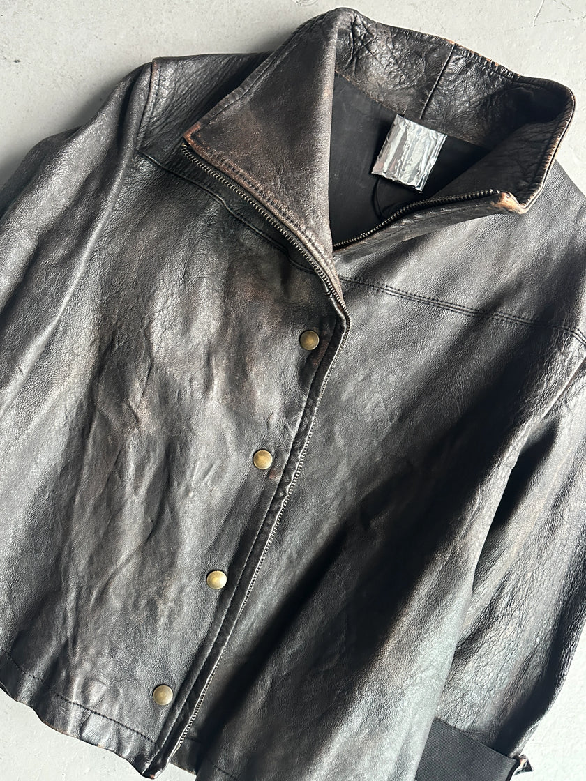 ITALIAN LABEL early 2000s DISTRESSED LEATHER JACKET WITH BONDAGE SLEEVE