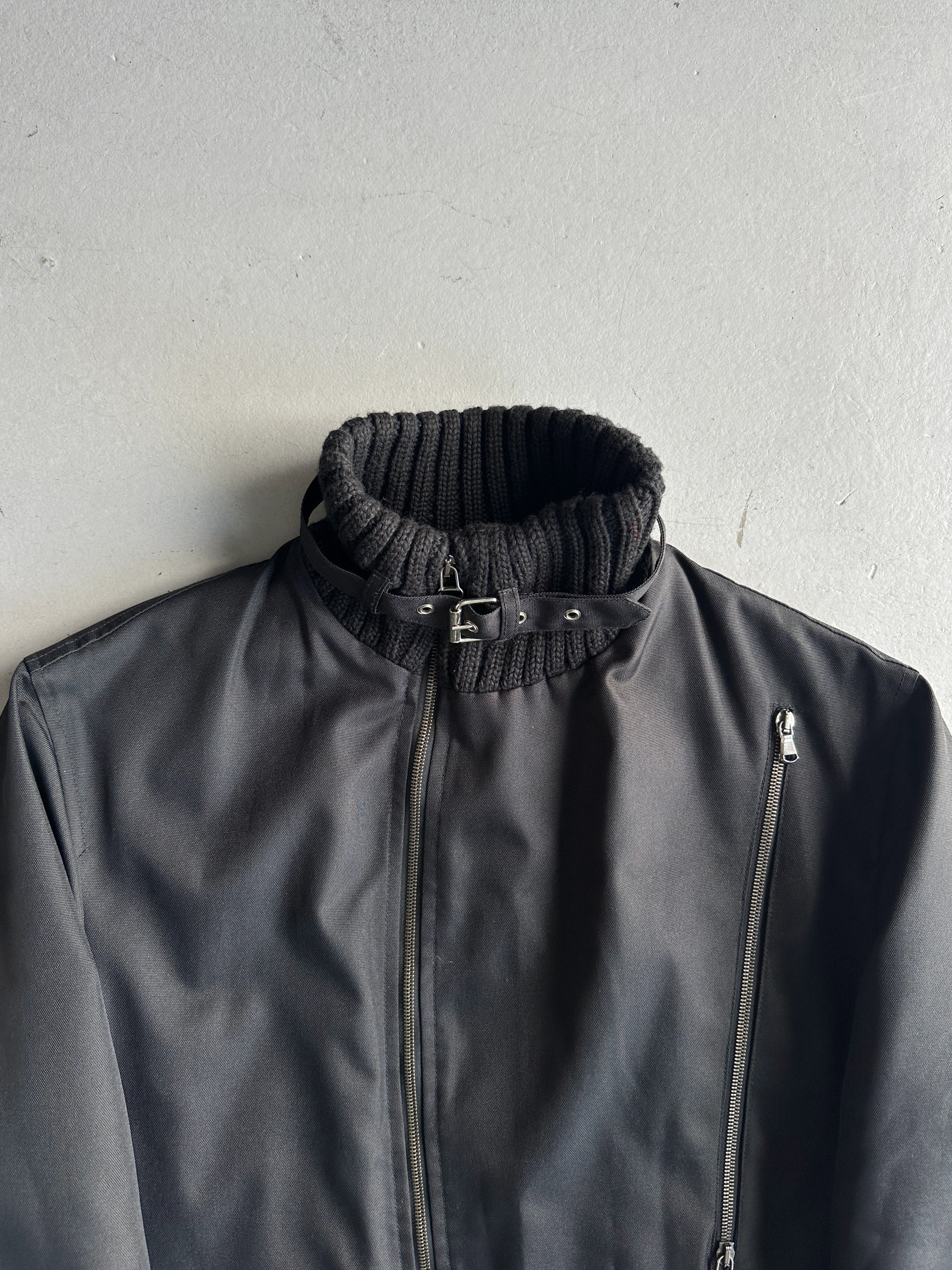 DANIELE ALESSANDRINI - 2000s RIBBED KNIT BELTED NECK COLLAR TECHNICAL JACKET WITH ASYMMETRICAL ZIP FRONT