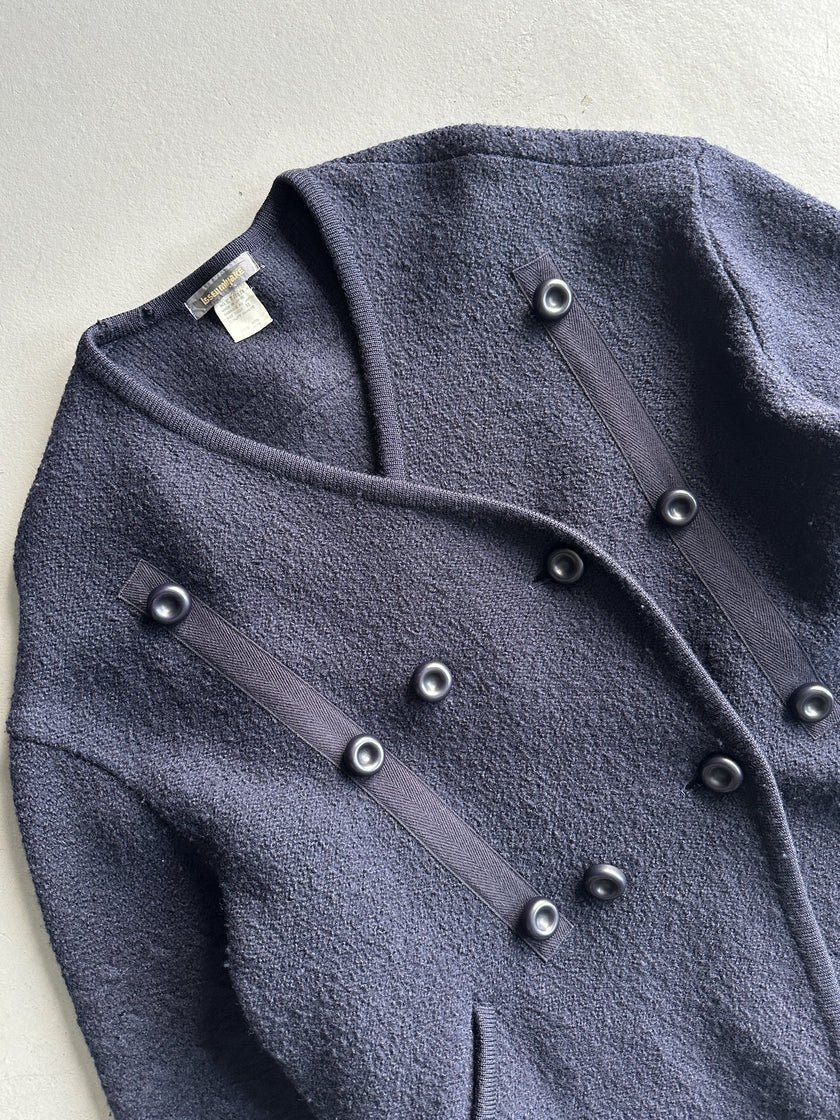 ISSEY MIYAKE - 1980s DOUBLE BREASTED WOOL CARDIGAN WITH SCARF/HOODIE