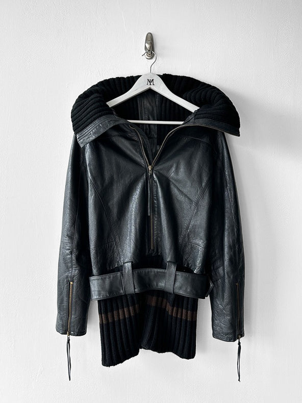 JAPANESE LABEL - late 1990s LEATHER JACKET WITH KNITTED HEM AND ZIP AT BACK