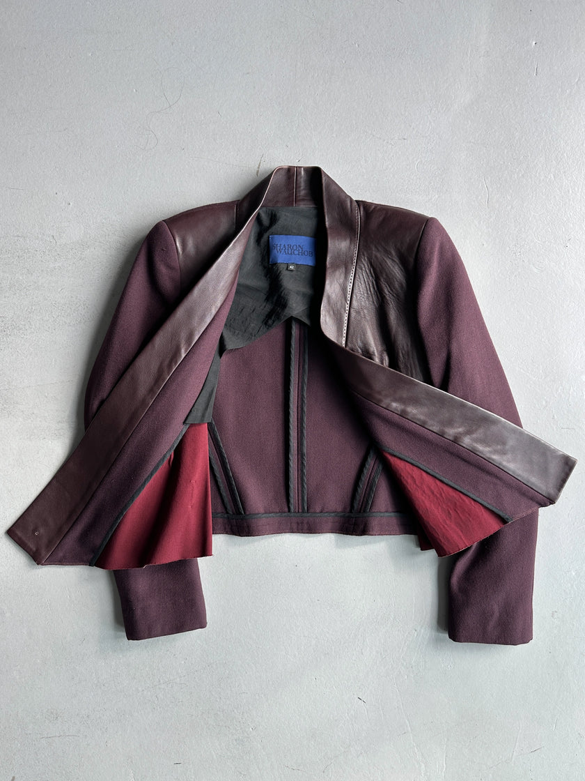 SHARON WAUCHOB - 2000s LEATHER FRONT DRAPED BLAZER