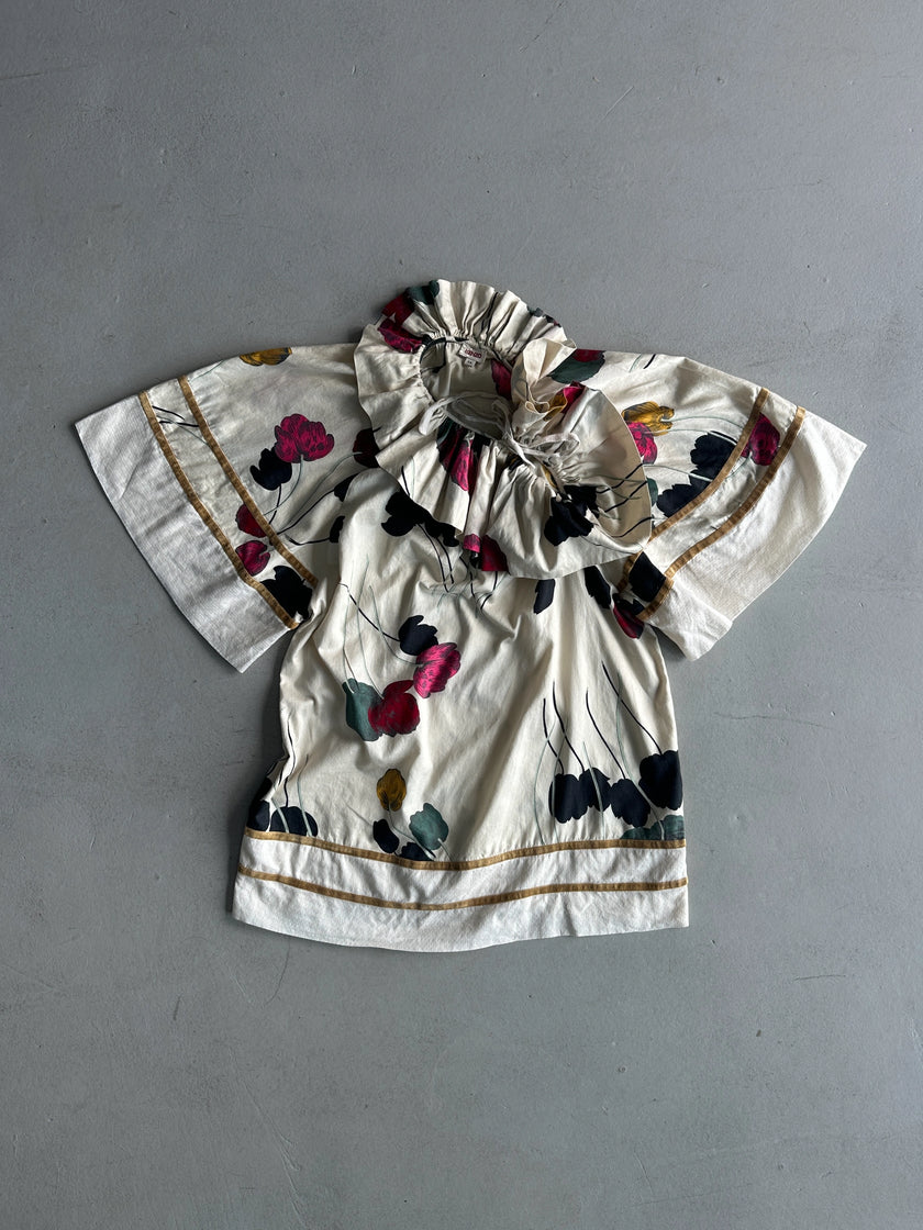 KENZO - 1990s FLORAL PRINT RUFFLED COLLAR SHORT SLEEVE TOP