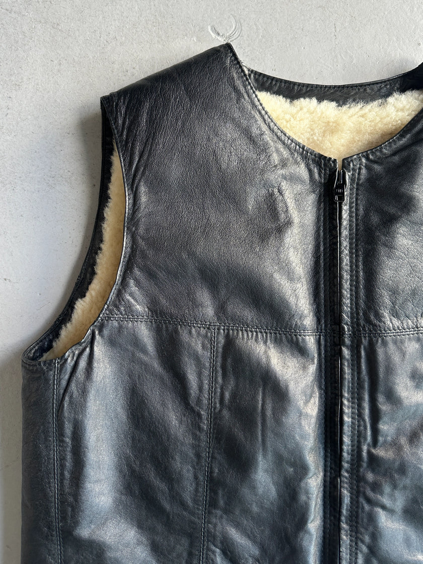 1990s REAL SHEARLING LEATHER VEST GILET JACKET