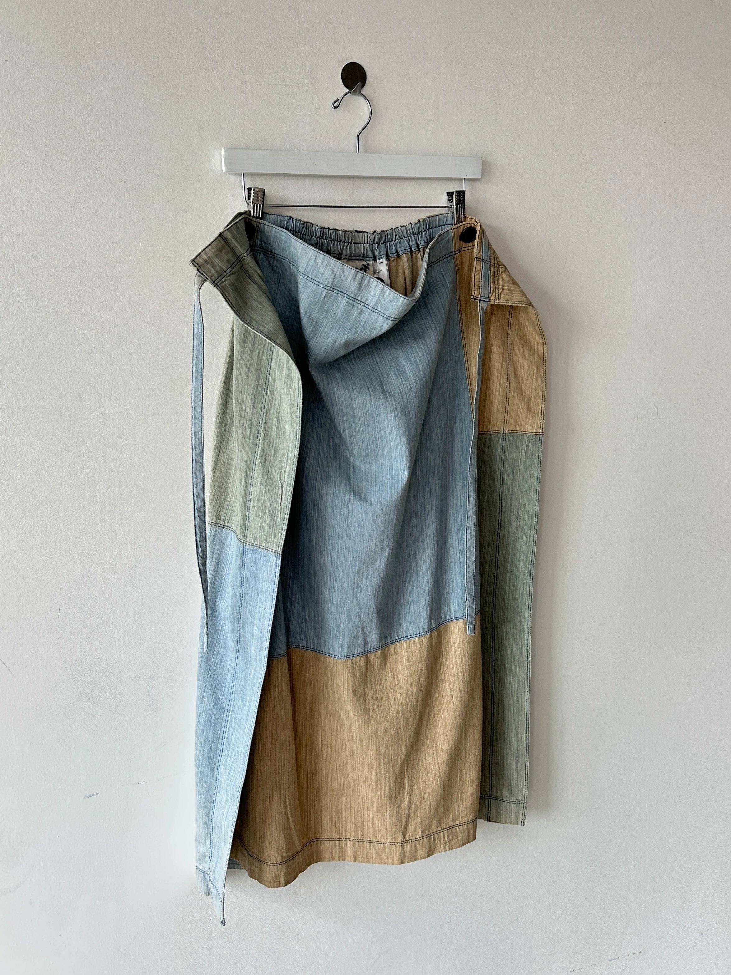 ISSEY MIYAKE HAI - 1980s PATCHWORK DENIM MAXI WRAP SKIRT