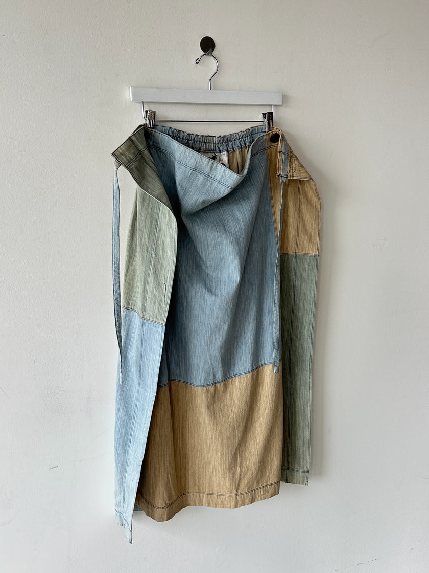 ISSEY MIYAKE HAI - 1980s PATCHWORK DENIM MAXI WRAP SKIRT