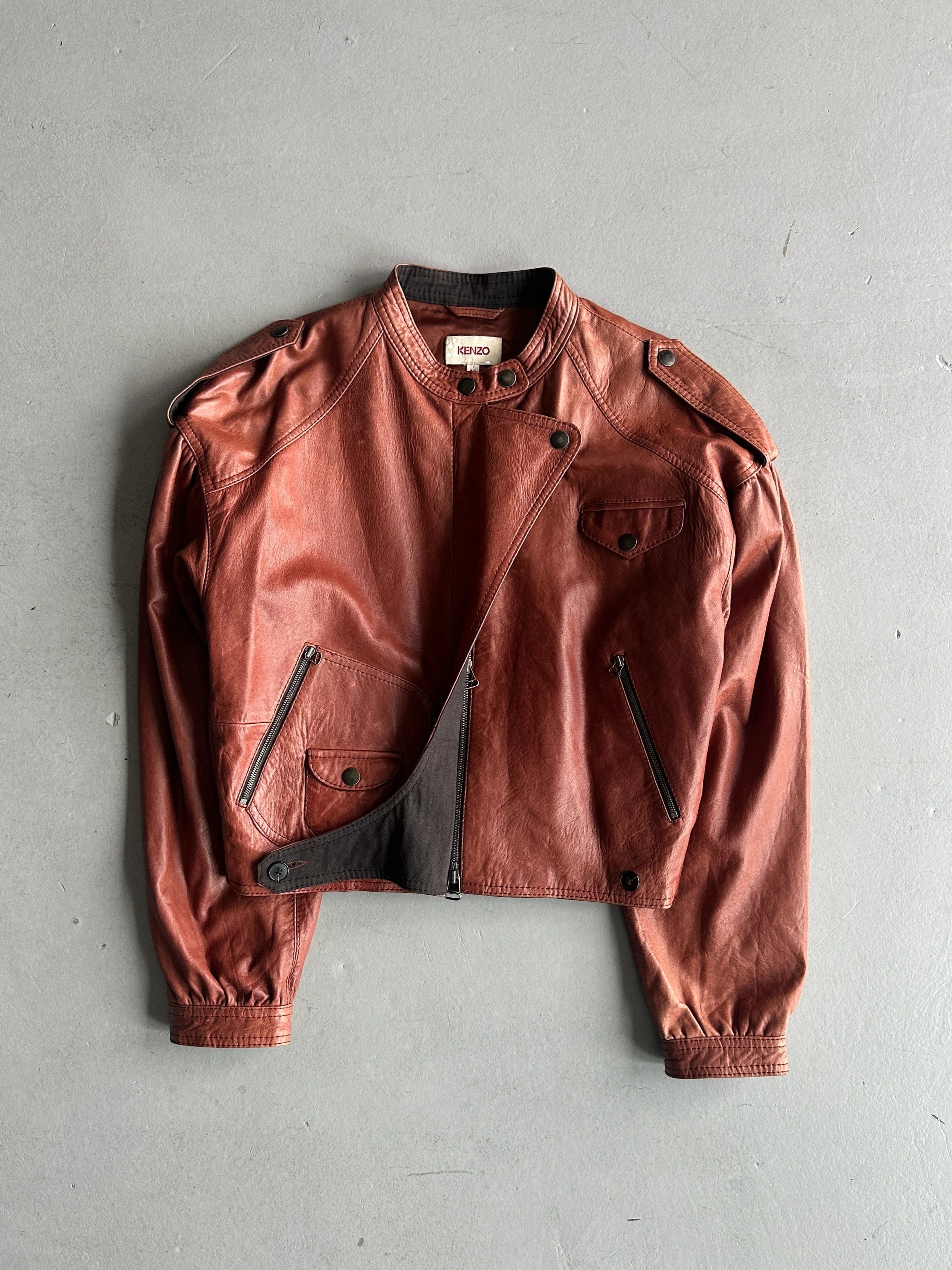 KENZO - 1990s ASYMMETRICAL LEATHER BIKER JACKET
