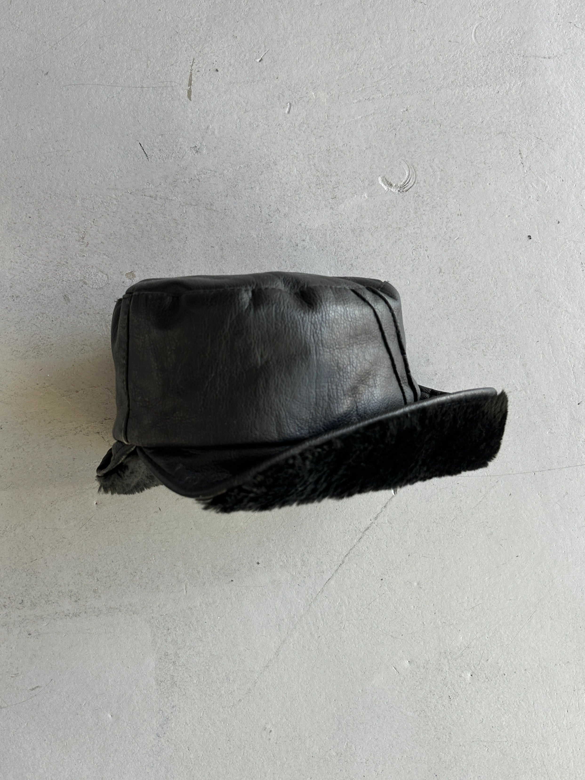 1970s LEATHER BUCKET HAT WITH FAUX FUR BRIM AND LINING