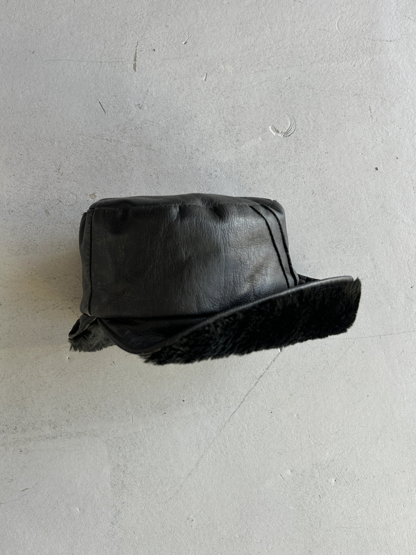 1970s LEATHER BUCKET HAT WITH FAUX FUR BRIM AND LINING