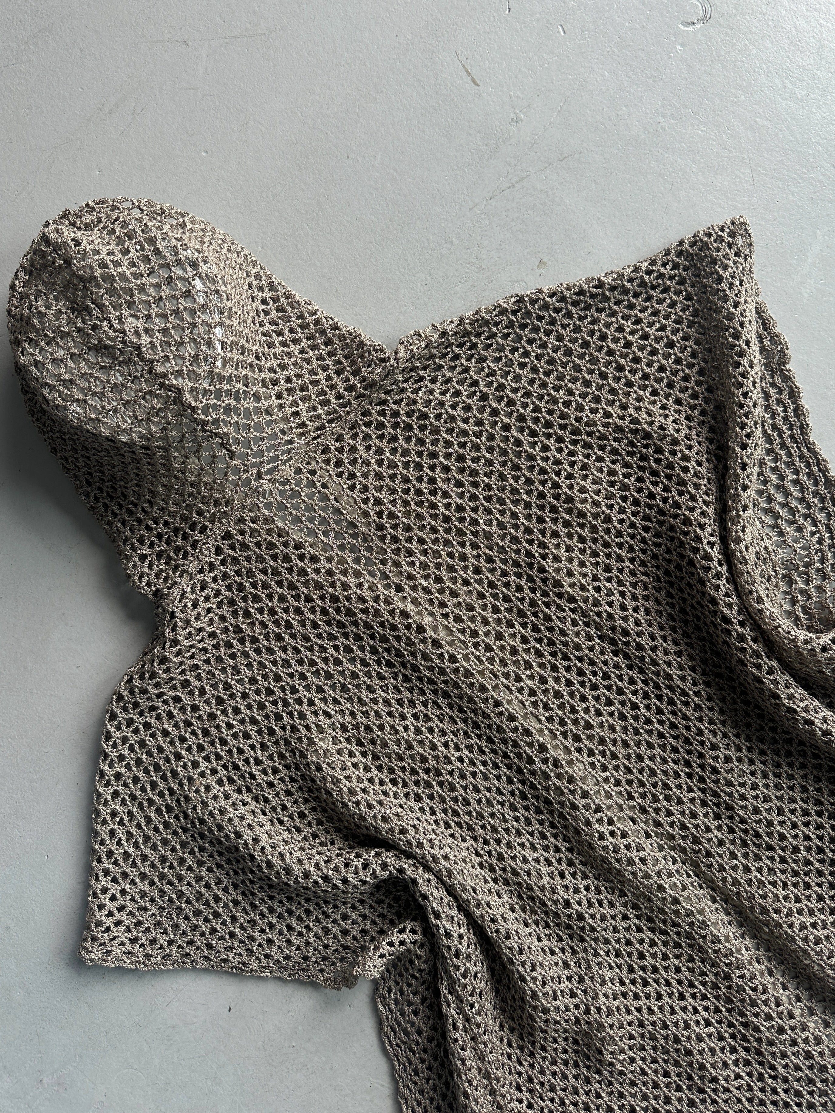 1990s OPEN KNIT HOODED CARDIGAN WITH LINEN DETAILS
