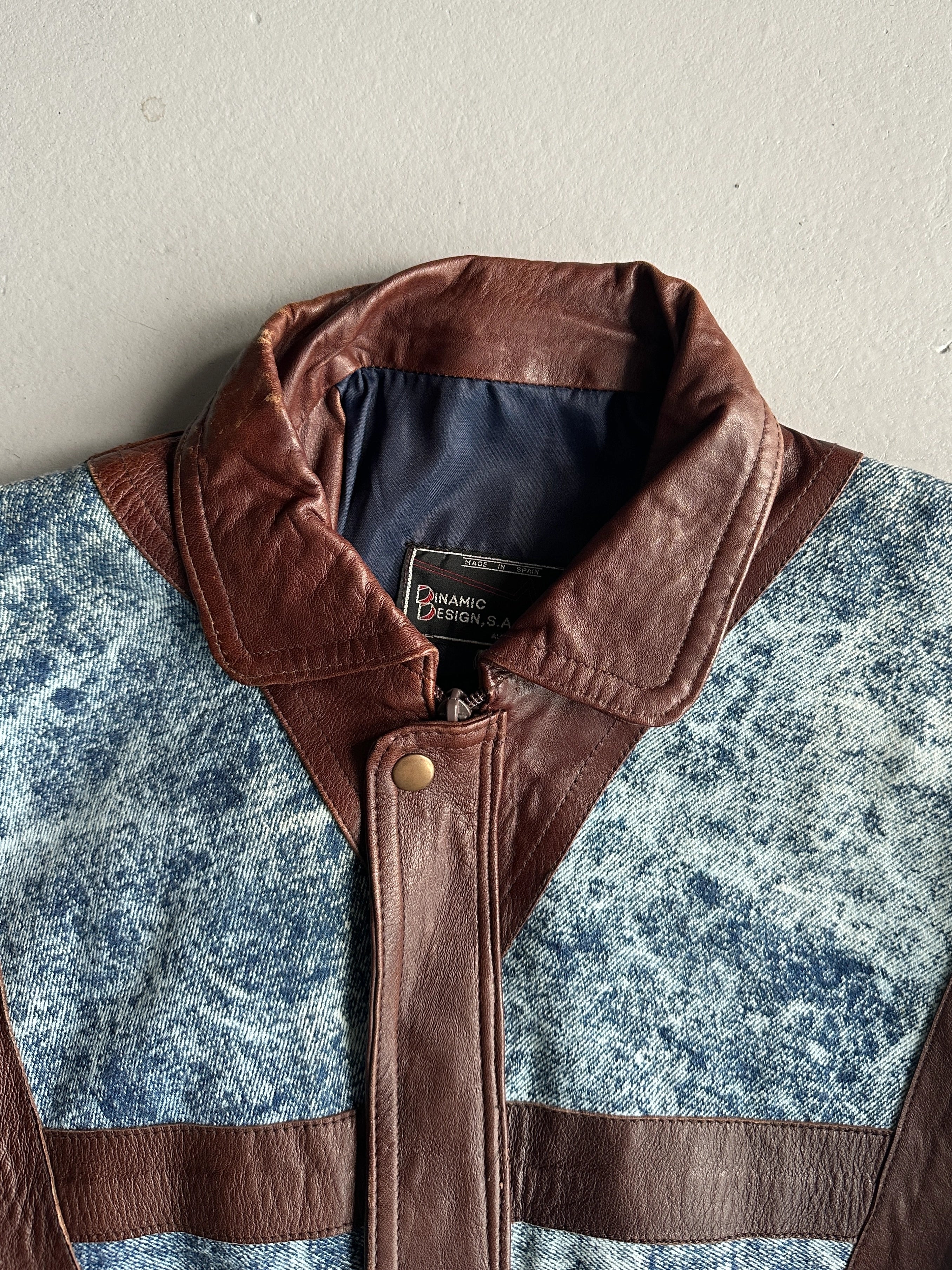 1980s DENIM BOMBER JACKET WITH LEATHER DETAILS