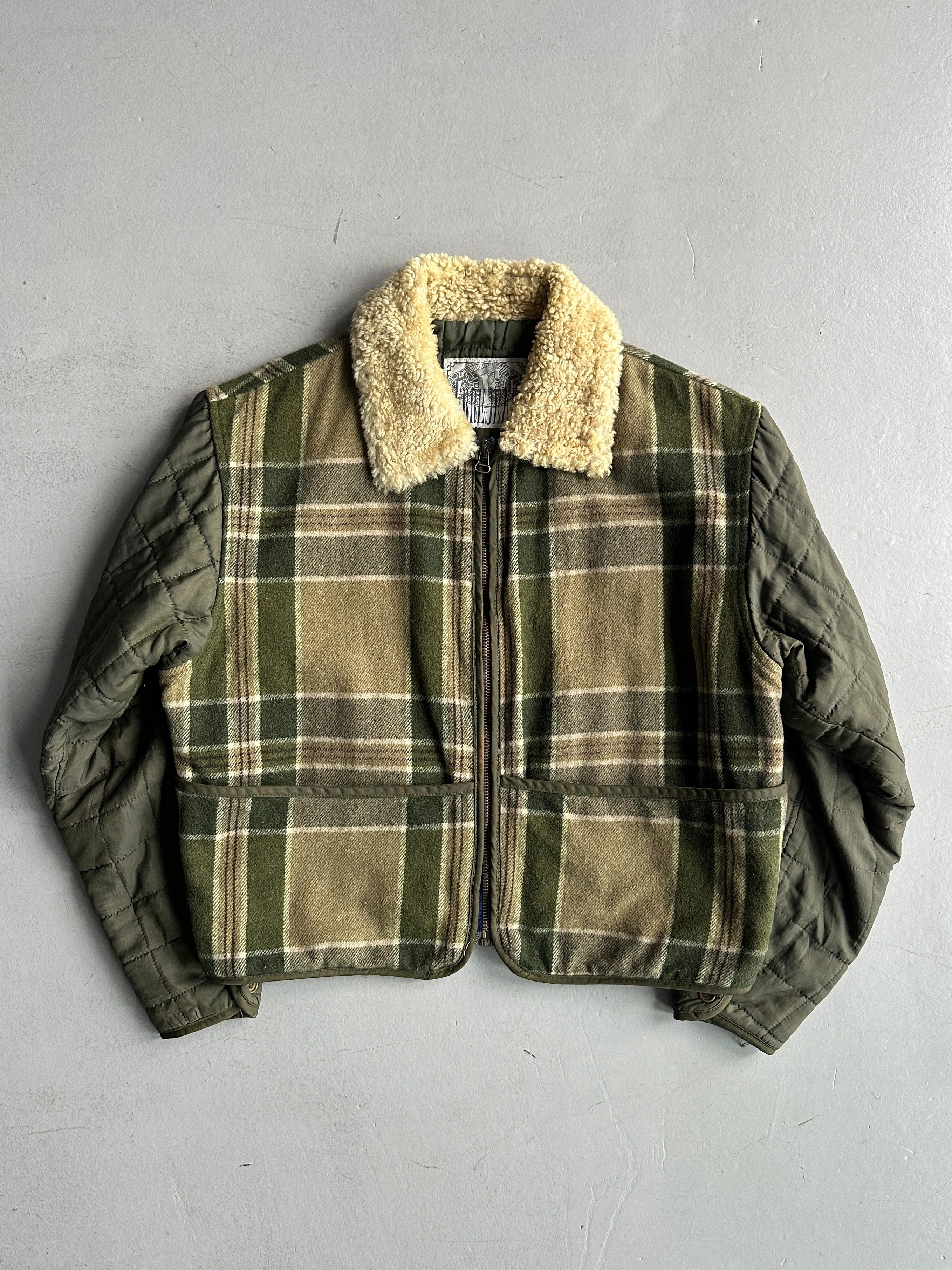 GIANFRANCO FERRÉ - 1980s FUR COLLAR PLAID JACKET WITH CONTRASTING NYLON SLEEVE