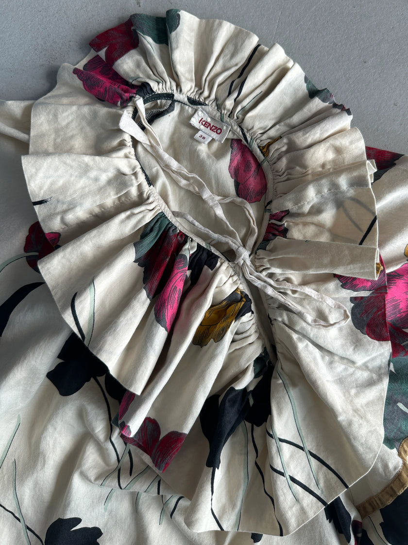 KENZO - 1990s FLORAL PRINT RUFFLED COLLAR SHORT SLEEVE TOP