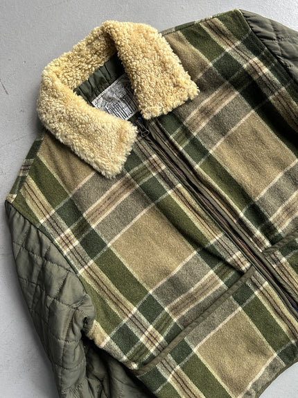 GIANFRANCO FERRÉ - 1980s FUR COLLAR PLAID JACKET WITH CONTRASTING NYLON SLEEVE