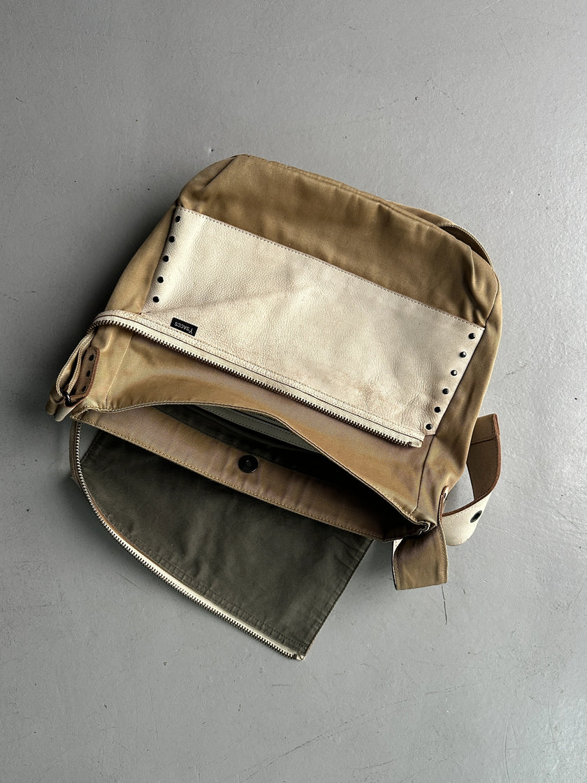 YOHJI YAMAMOTO Y'SACCS - 1990s RECTANGULAR MESSENGER BAG WITH DISTRESSED LEATHER FRONT PANEL