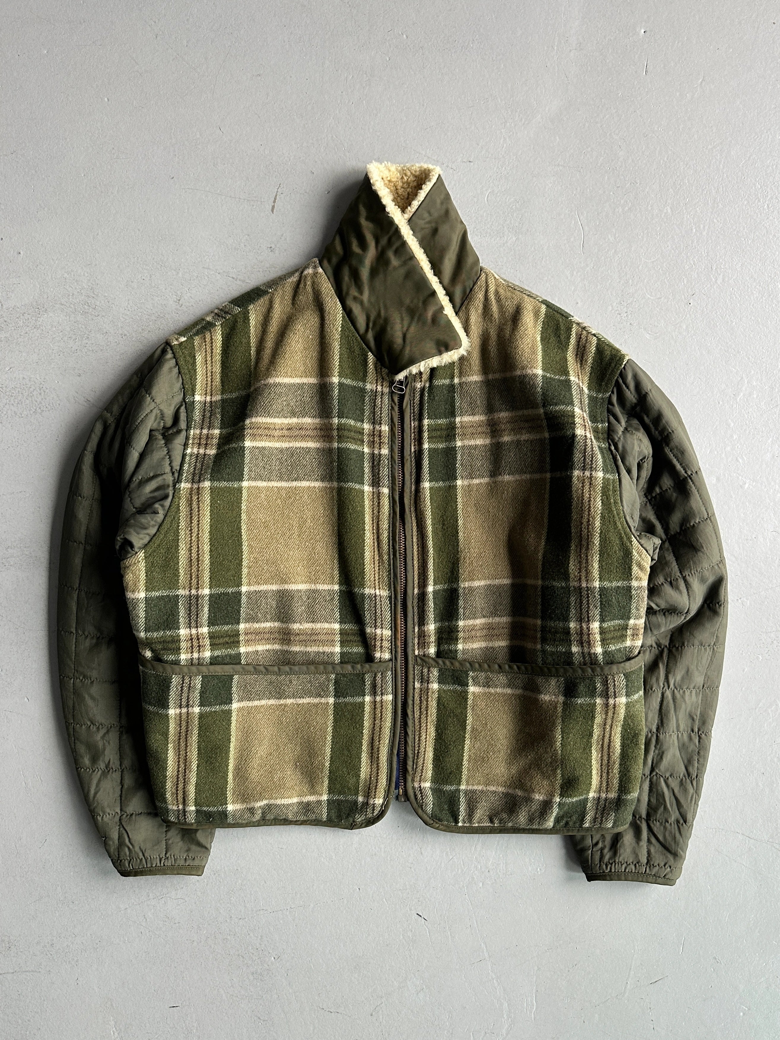 GIANFRANCO FERRÉ - 1980s FUR COLLAR PLAID JACKET WITH CONTRASTING NYLON SLEEVE