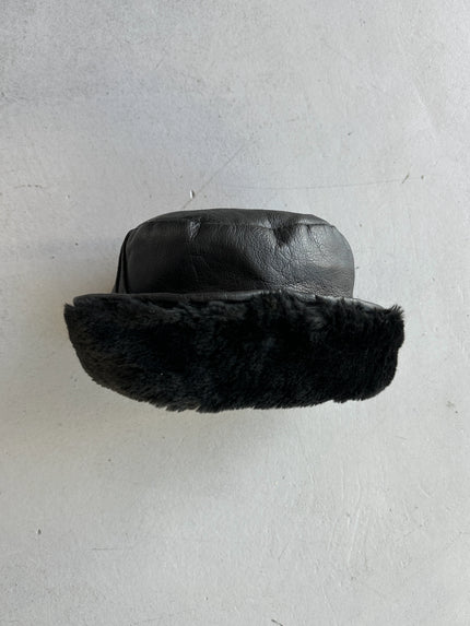 1970s LEATHER BUCKET HAT WITH FAUX FUR BRIM AND LINING
