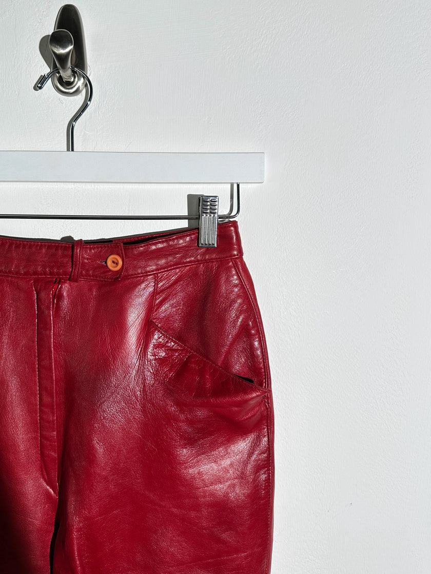 CERRUTI - 1980s CROPPED LEATHER TROUSERS WITH ANKLE TIE DETAILS