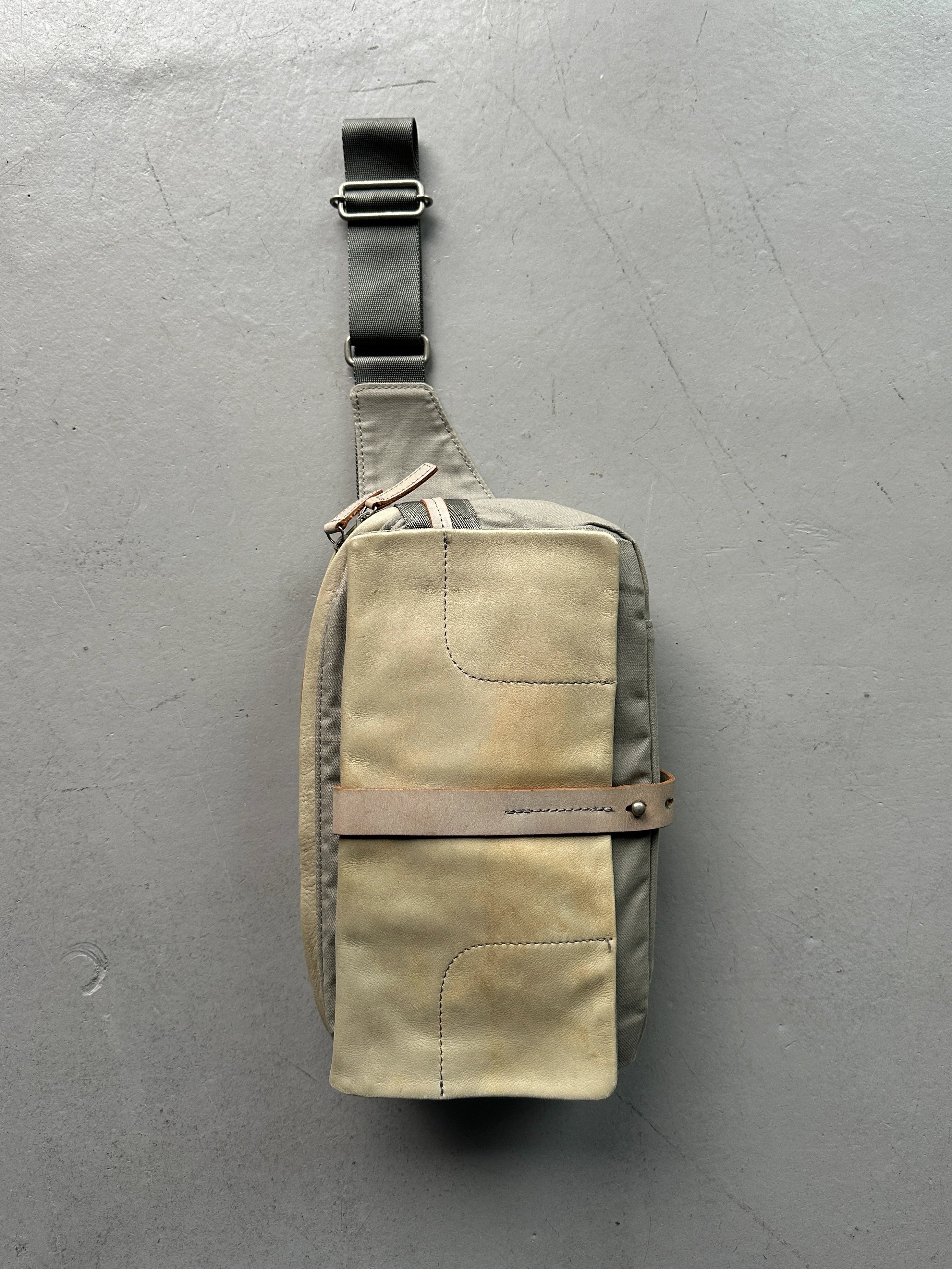 YOHJI YAMAMOTO Y'SACCS - 1990s RECTANGULAR BUM BAG WITH DISTRESSED LEATHER FRONT PANEL