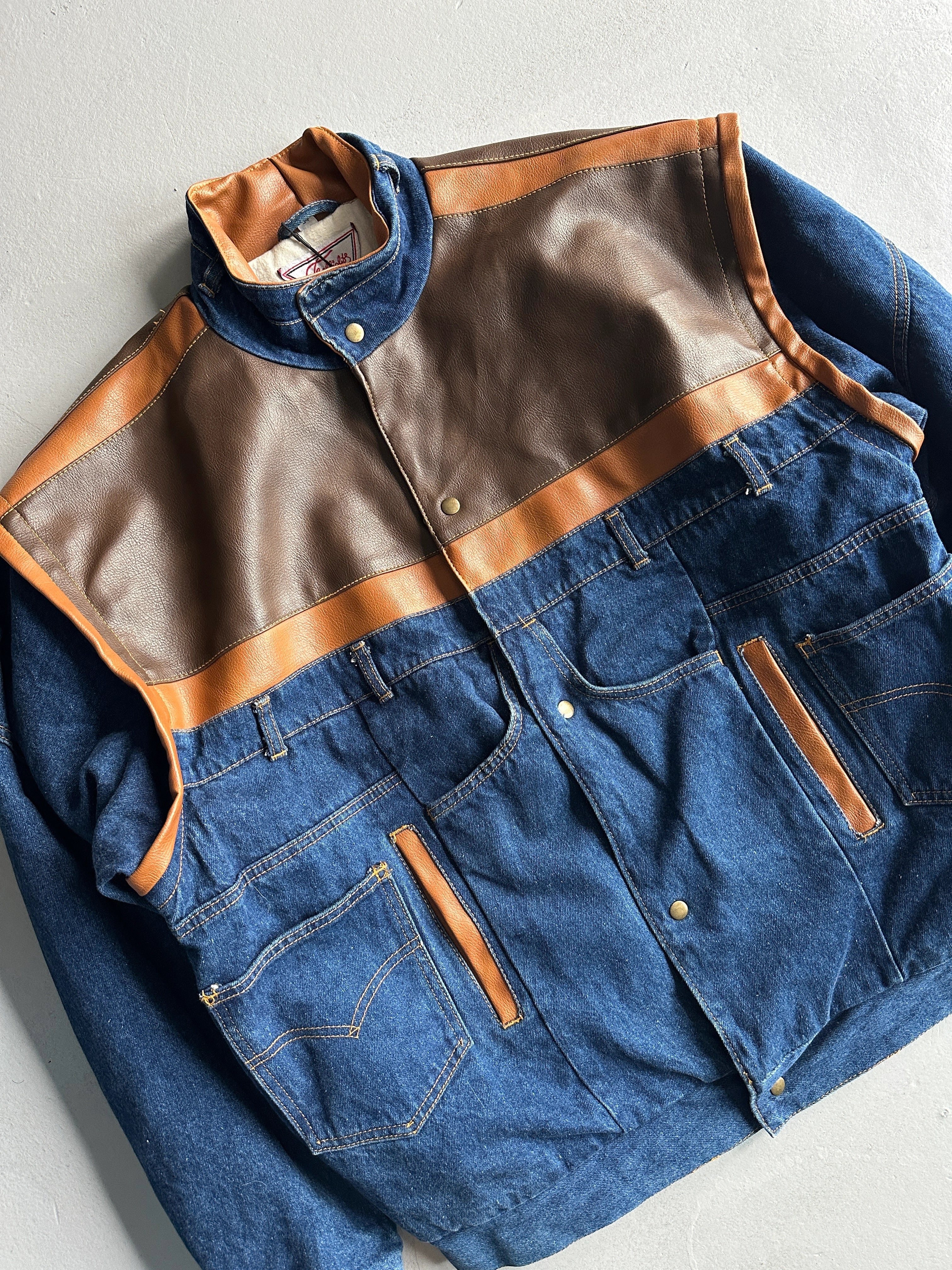 1980s FUNNEL NECK DENIM BOMBER JACKET WITH LEATHER DETAILS