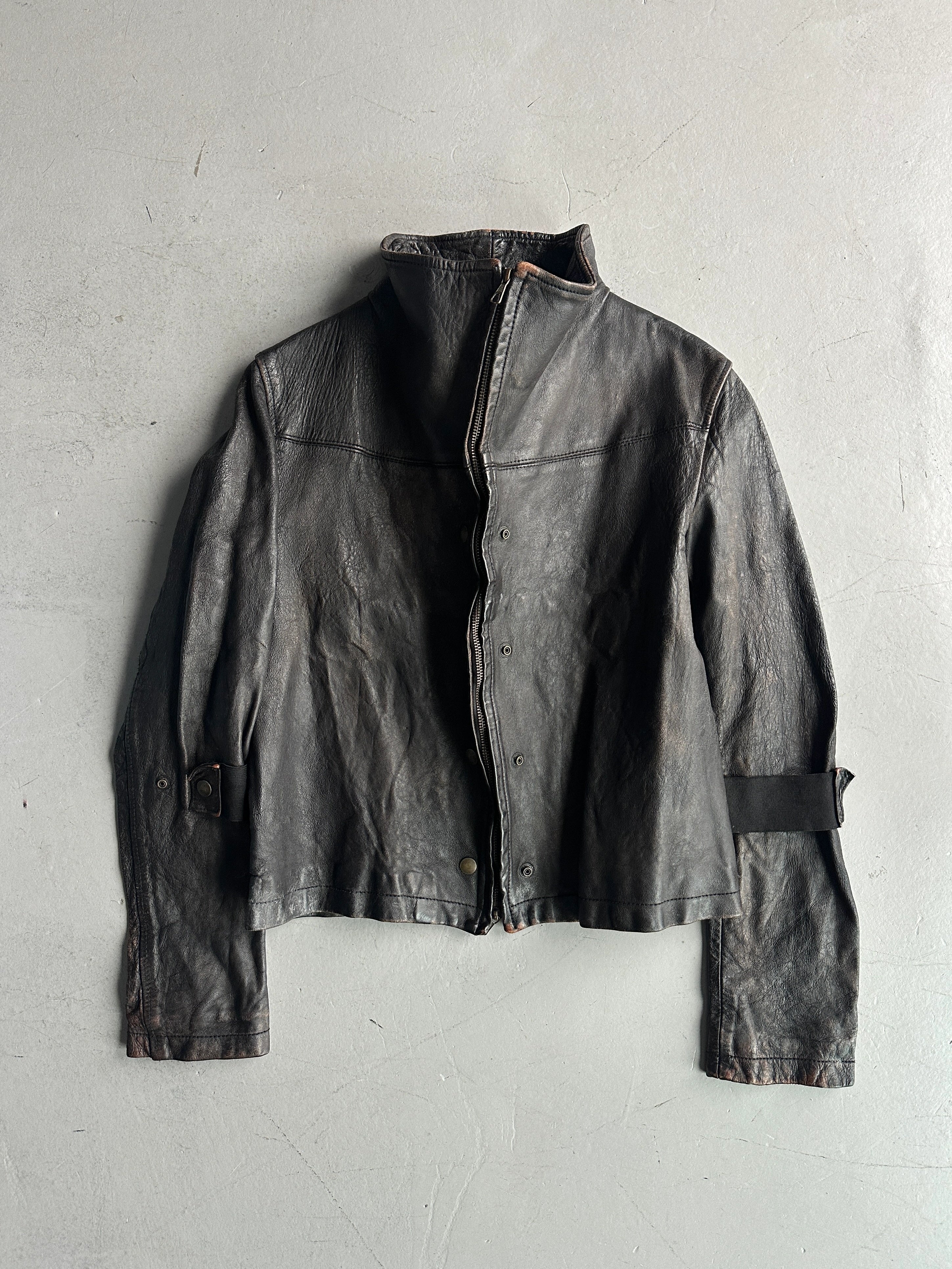 ITALIAN LABEL early 2000s DISTRESSED LEATHER JACKET WITH BONDAGE SLEEVE