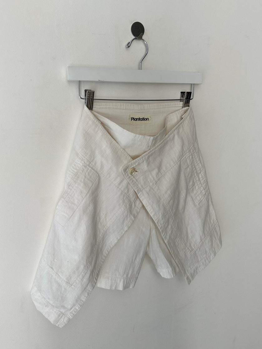 ISSEY MIYAKE PLANTATION - 1990s LINEN WRAP FRONT PANEL SHORTS