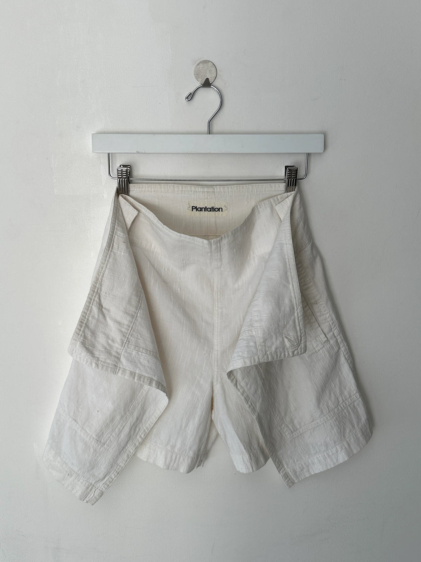 ISSEY MIYAKE PLANTATION - 1990s LINEN WRAP FRONT PANEL SHORTS