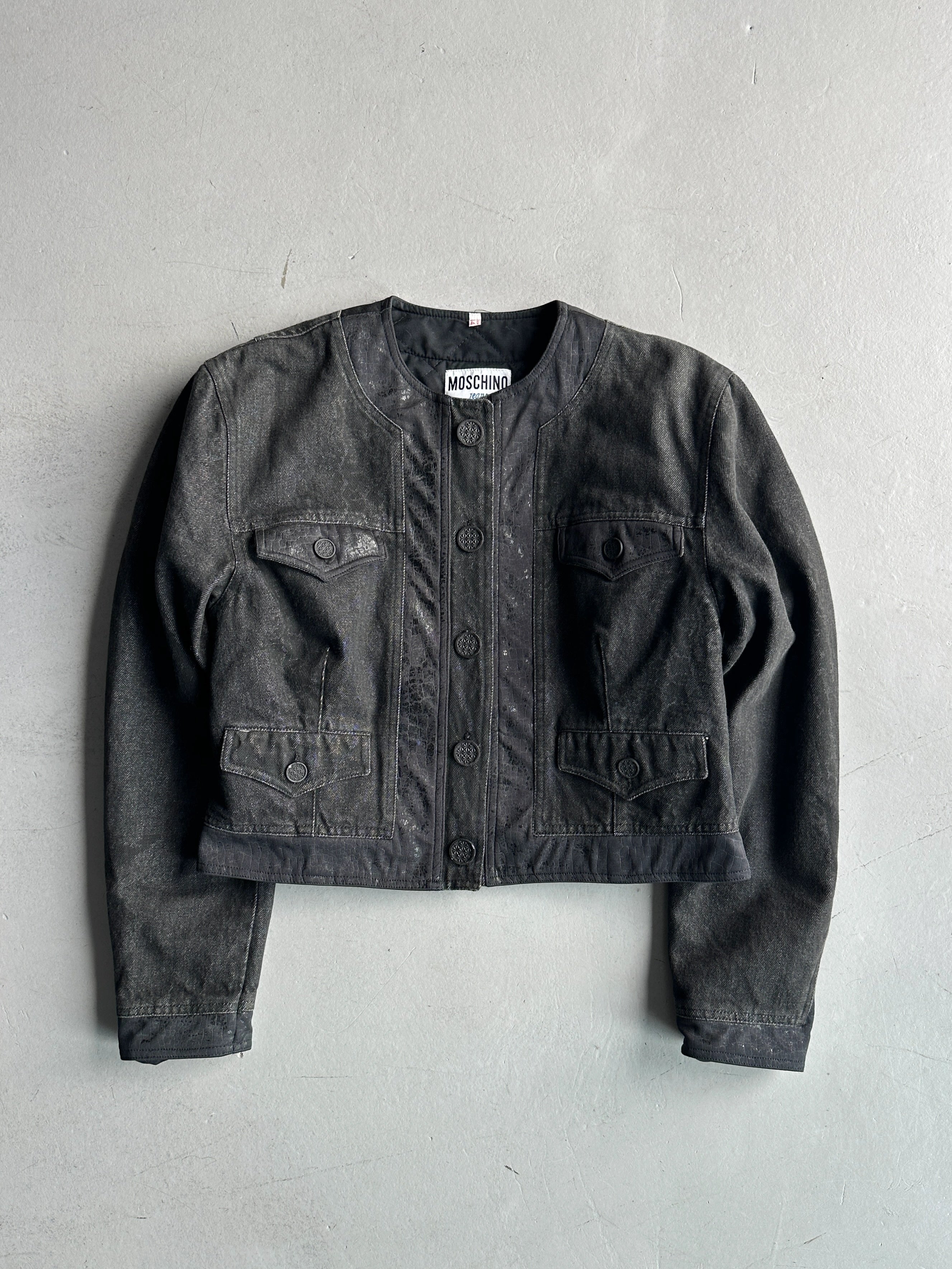 MOSCHINO - 1980s COLLARLESS CROP FIT PADDED DENIM JACKET