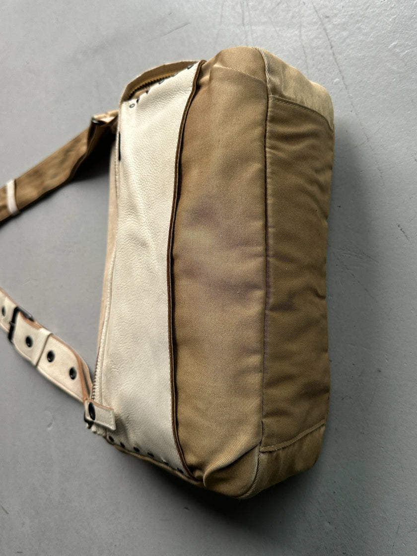 YOHJI YAMAMOTO Y'SACCS - 1990s RECTANGULAR MESSENGER BAG WITH DISTRESSED LEATHER FRONT PANEL