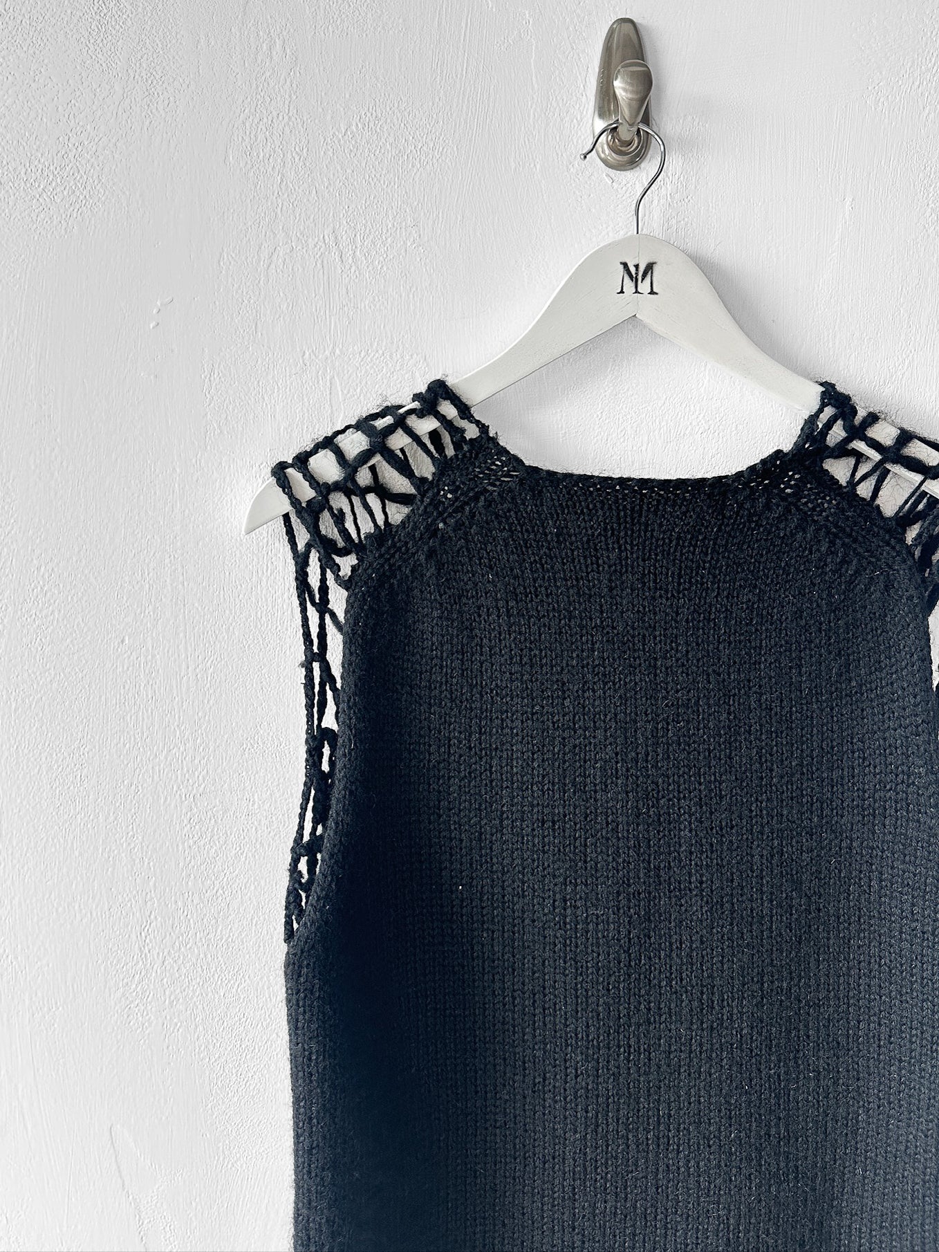 COMME DES GARÇONS - F/W 2024 DECONSTRUCTED CROCHET VEST TOP WITH FAUX LEATHER APPLIQUÉS
