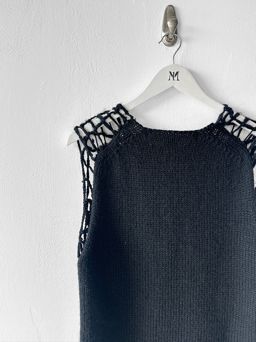 COMME DES GARÇONS - F/W 2024 DECONSTRUCTED CROCHET VEST TOP WITH FAUX LEATHER APPLIQUÉS