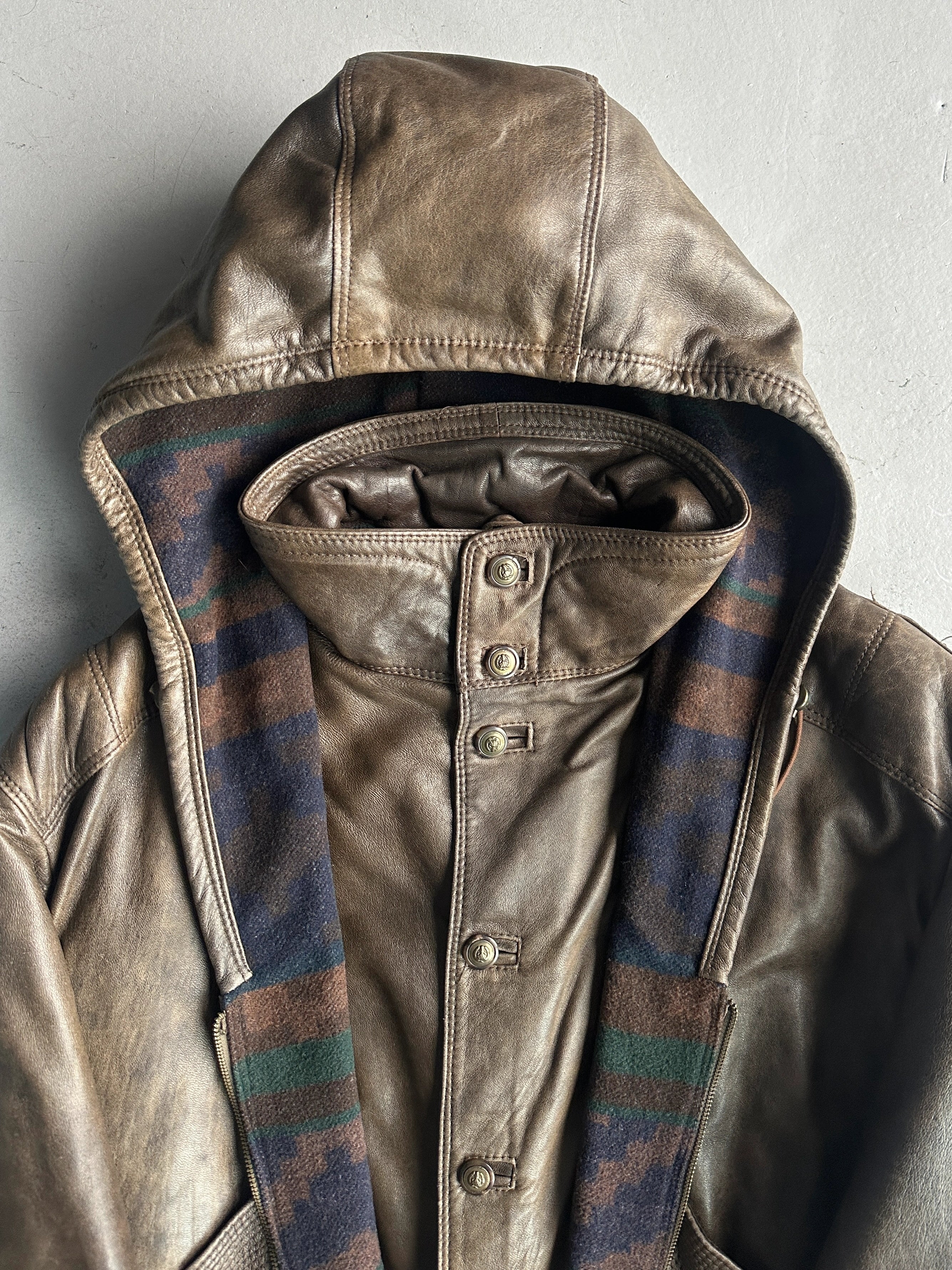 ITALIAN LABEL 1980s LAYERED LEATHER JACKET WITH REMOVABLE HOOD PANEL