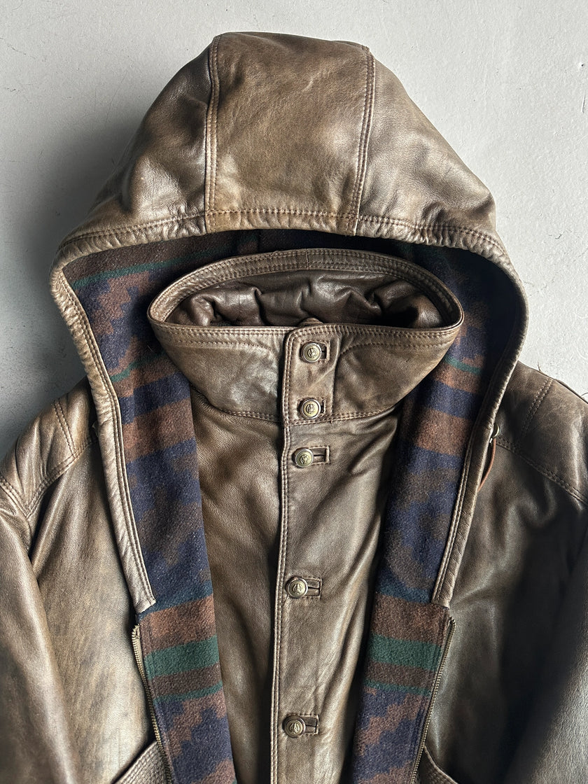 ITALIAN LABEL 1980s LAYERED LEATHER JACKET WITH REMOVABLE HOOD PANEL