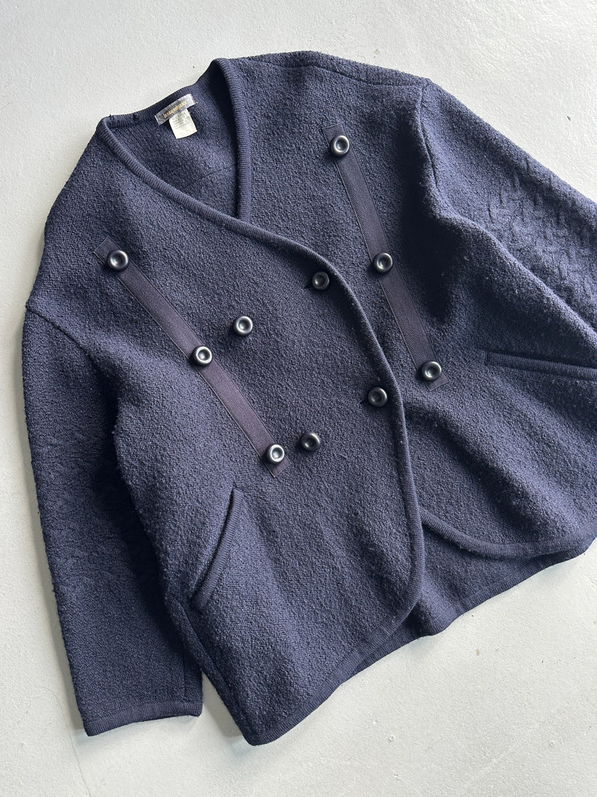 ISSEY MIYAKE - 1980s DOUBLE BREASTED WOOL CARDIGAN WITH SCARF/HOODIE