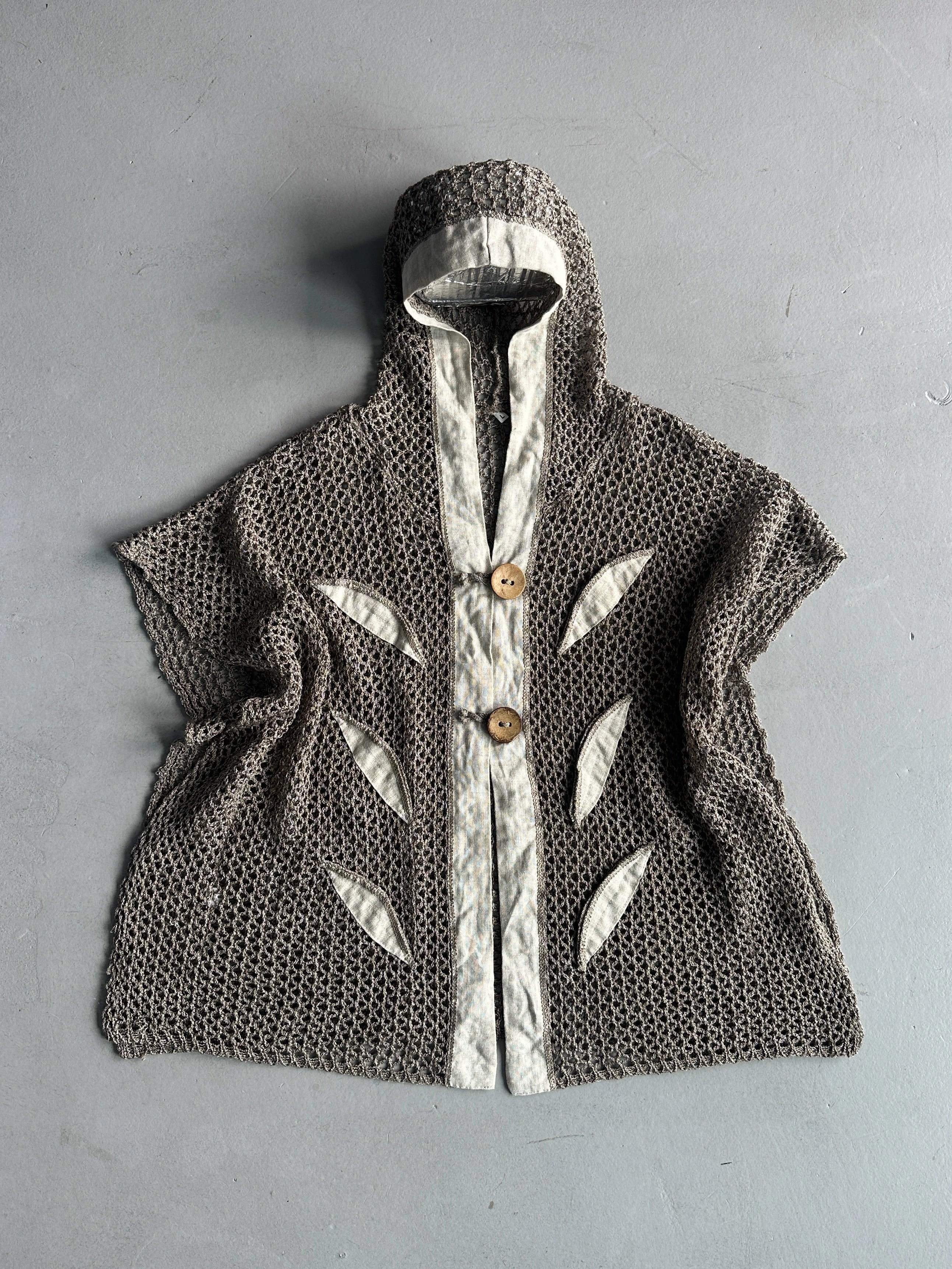 1990s OPEN KNIT HOODED CARDIGAN WITH LINEN DETAILS