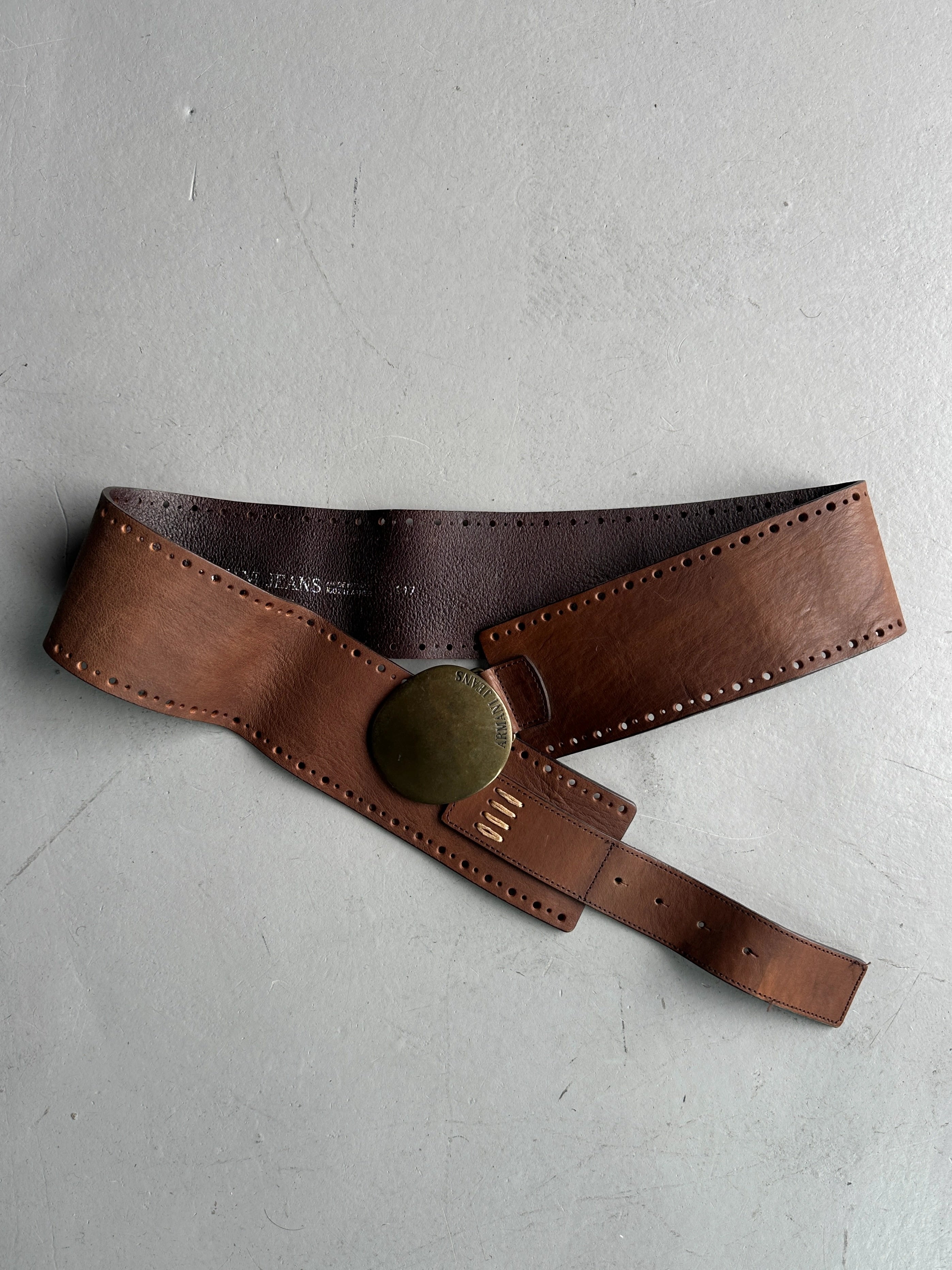 ARMANI JEANS - early 2000s WIDE BELT WITH OVERSIZED ROUNDED BRUSHED BRASS BUCKLE