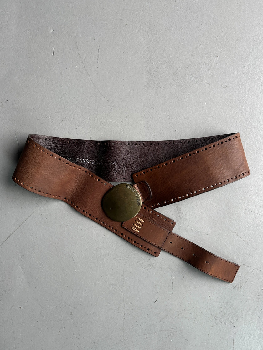 ARMANI JEANS - early 2000s WIDE BELT WITH OVERSIZED ROUNDED BRUSHED BRASS BUCKLE