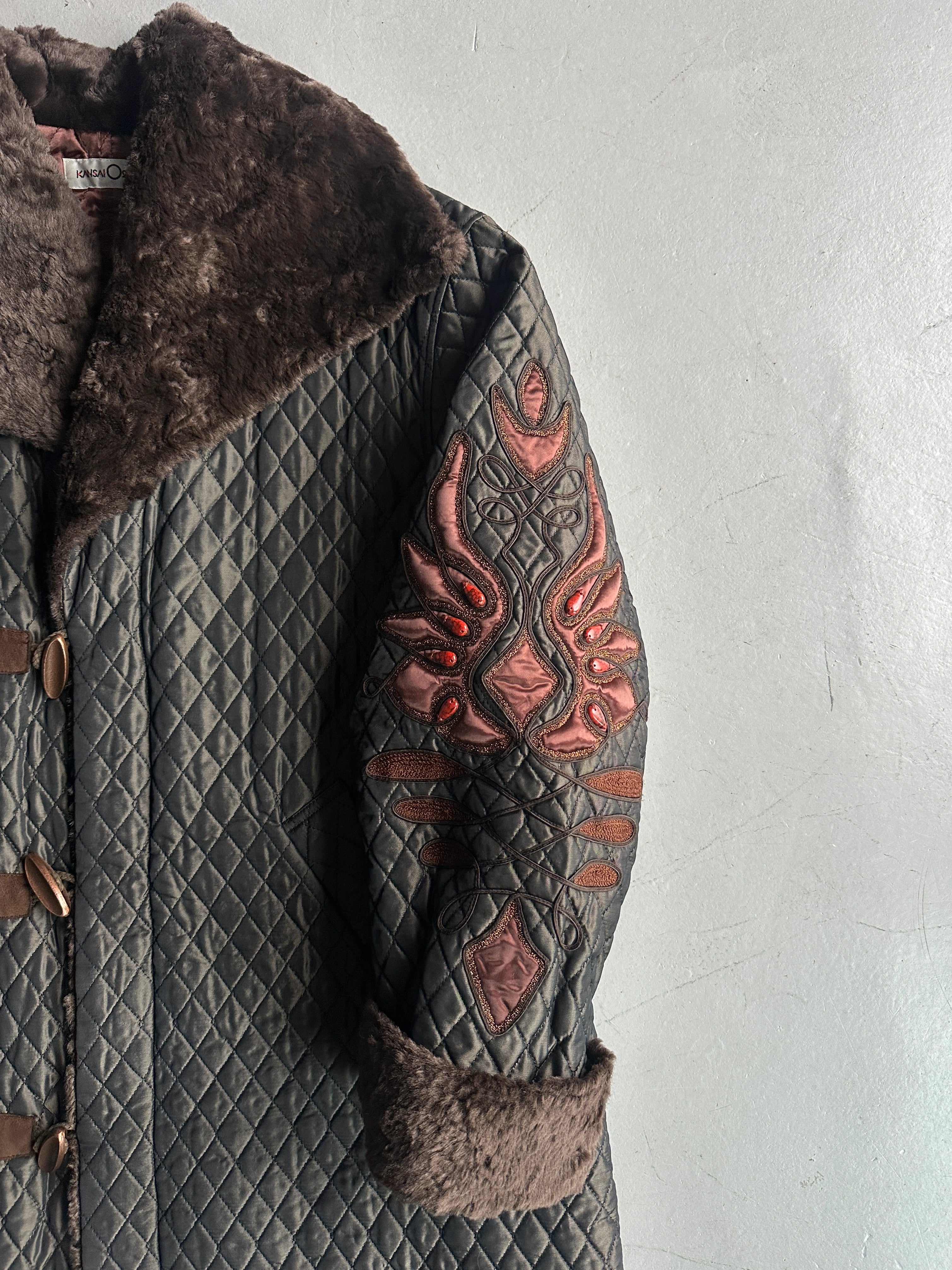 KANSAI YAMAMOTO - 1990s OVERSIZED QUILTED COAT WITH FUR COLLAR