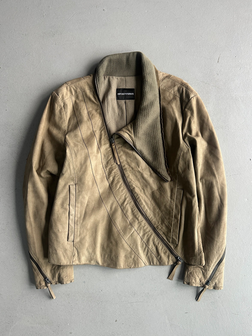 EMPORIO ARMANI - A/W 2011 ASYMMETRICAL ZIP FUNNEL NECK COLLAR CALF LEATHER JACKET
