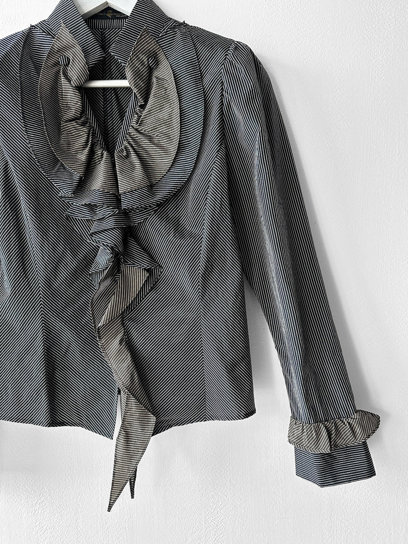 HIROKO KOSHINO - late 1990s PINSTRIPED BLOUSE WITH CASCADING RUFFLE DETAIL