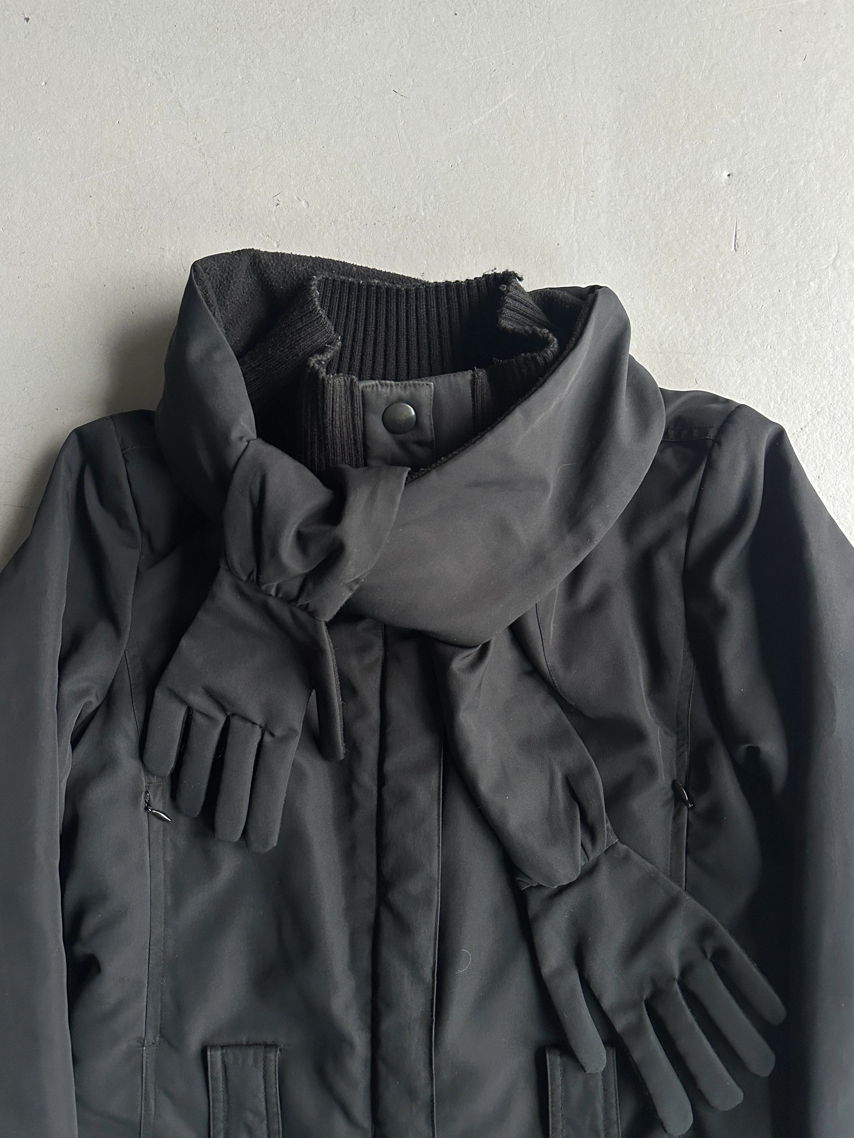 COP COPINE - early 2000s PADDED COAT WITH ZIPPED BACK AND GLOVES SCARF