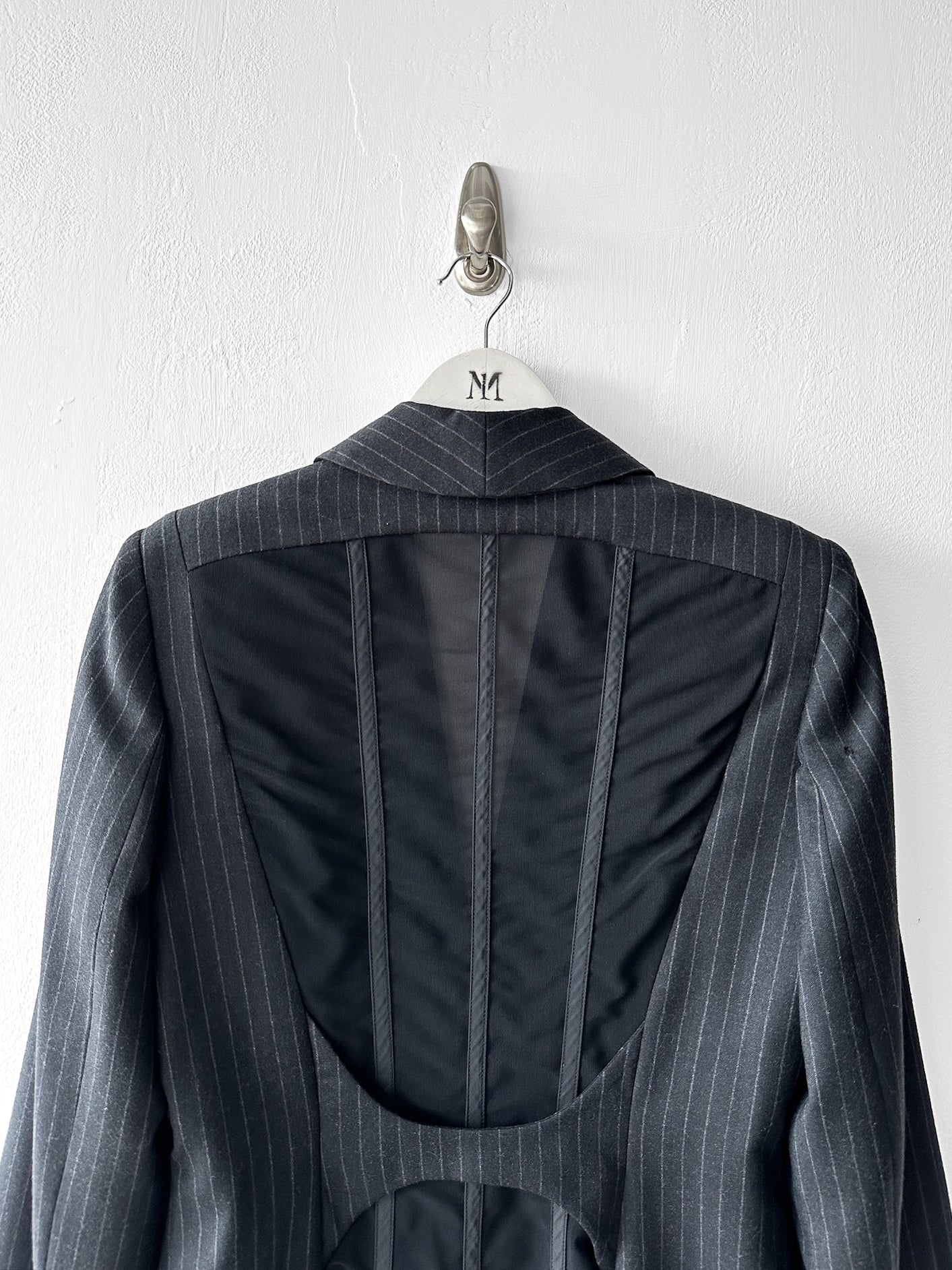 GAETANO NAVARRA - circa 2013 PINSTRIPE TAILORED BLAZER WITH DECONSTRUCTED MESH BACK