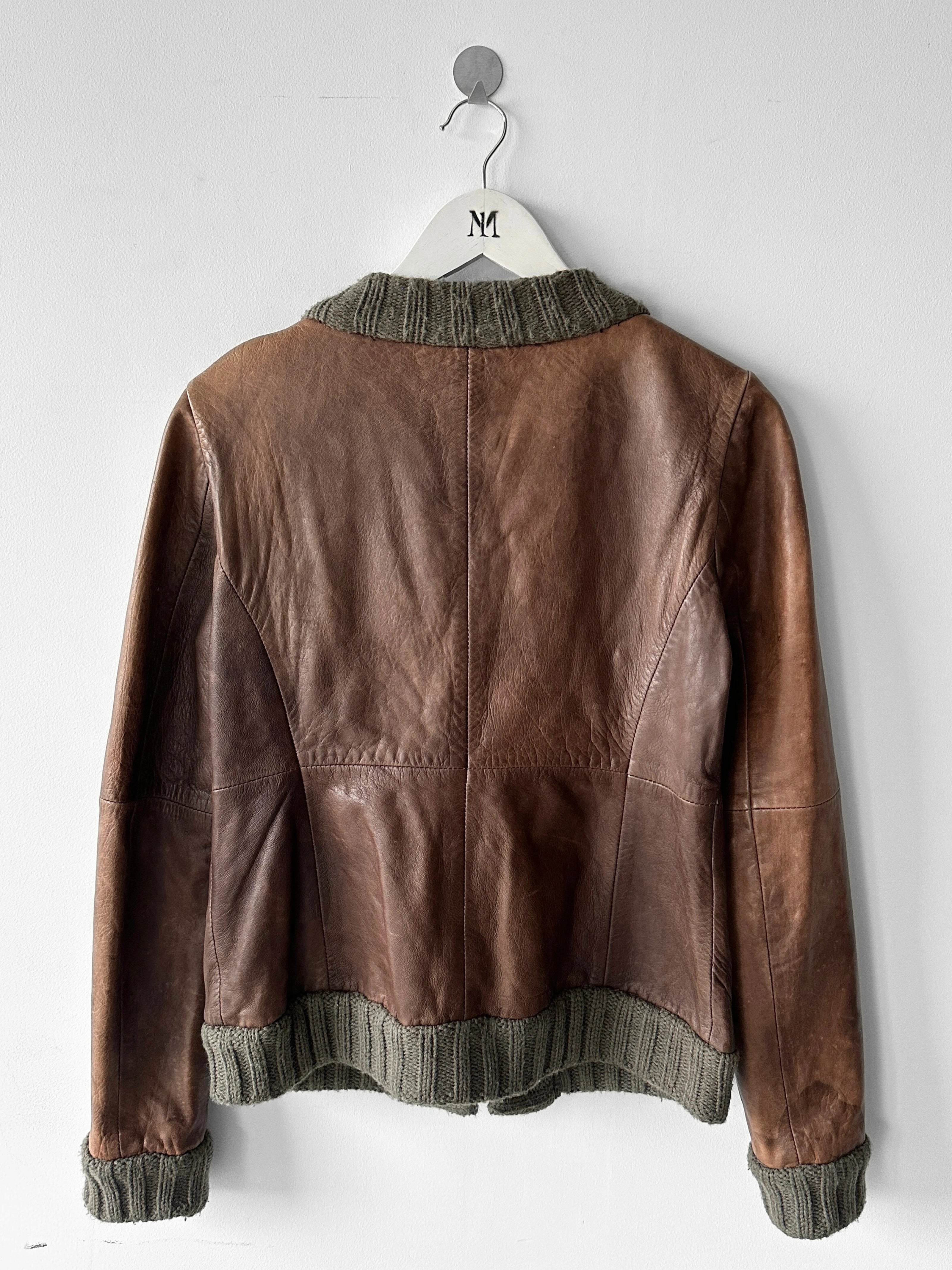 ITALIAN LABEL 2000s LEATHER JACKET WITH KNIT COLLAR AND FRONT PLACKET