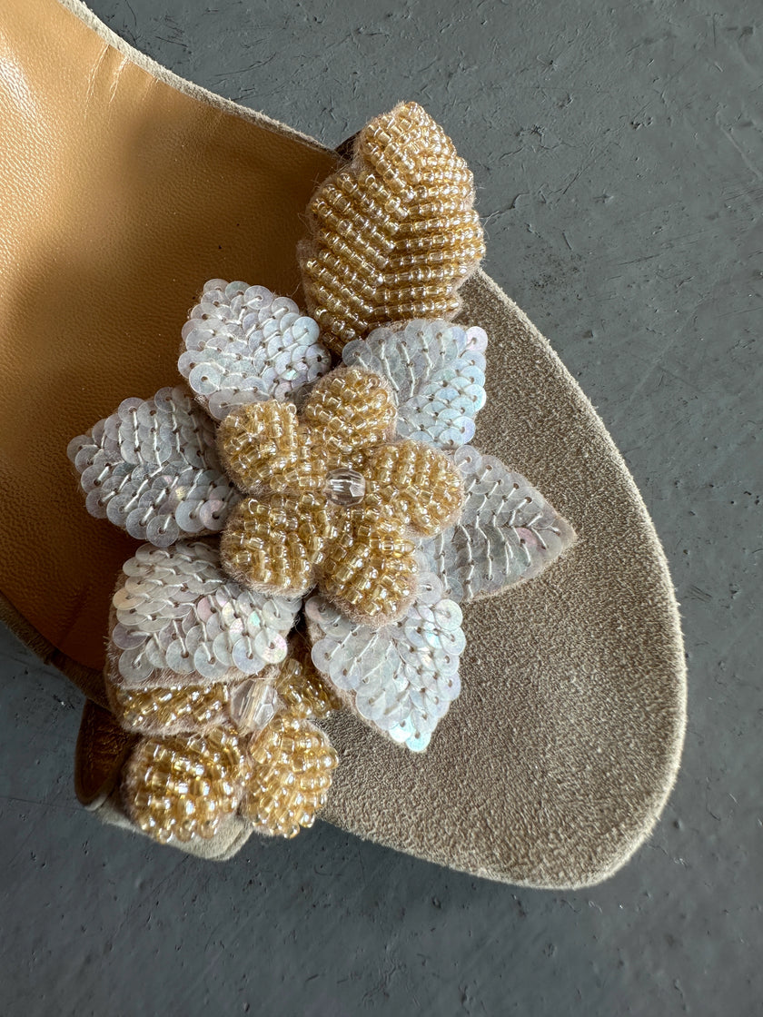 MOSCHINO - 1990s SUEDE SLIP ON HEELS WITH BEADED FLORAL APPLIQUÉ